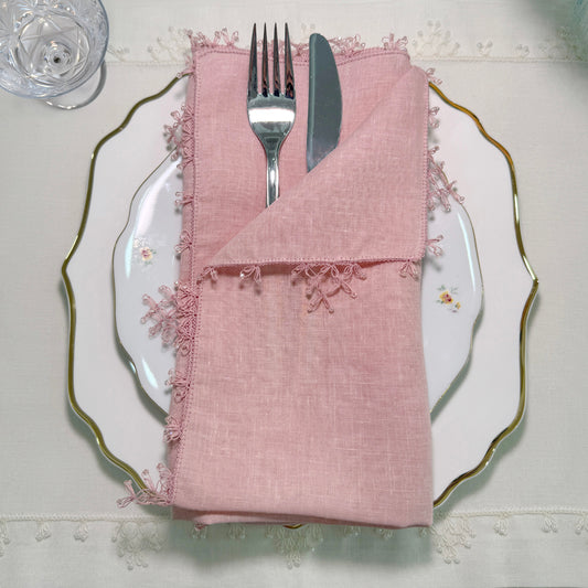 Handcrafted Pink Linen Napkin – Needle Lace Detail