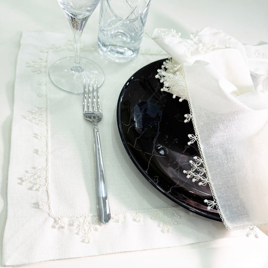 Handcrafted White Linen Placemat – Needle Lace Detail
