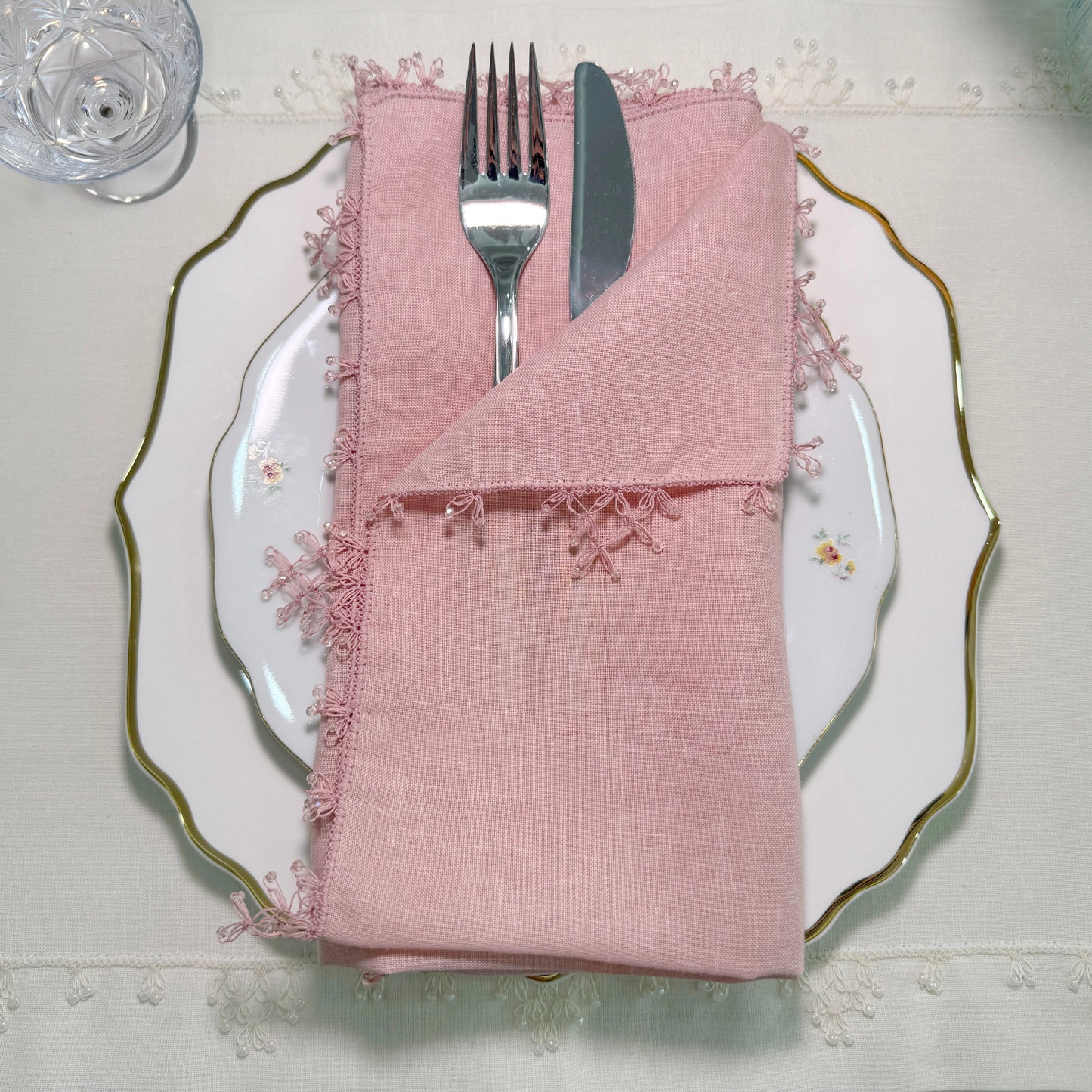 Handcrafted Pink Linen Napkin – Needle Lace Detail
