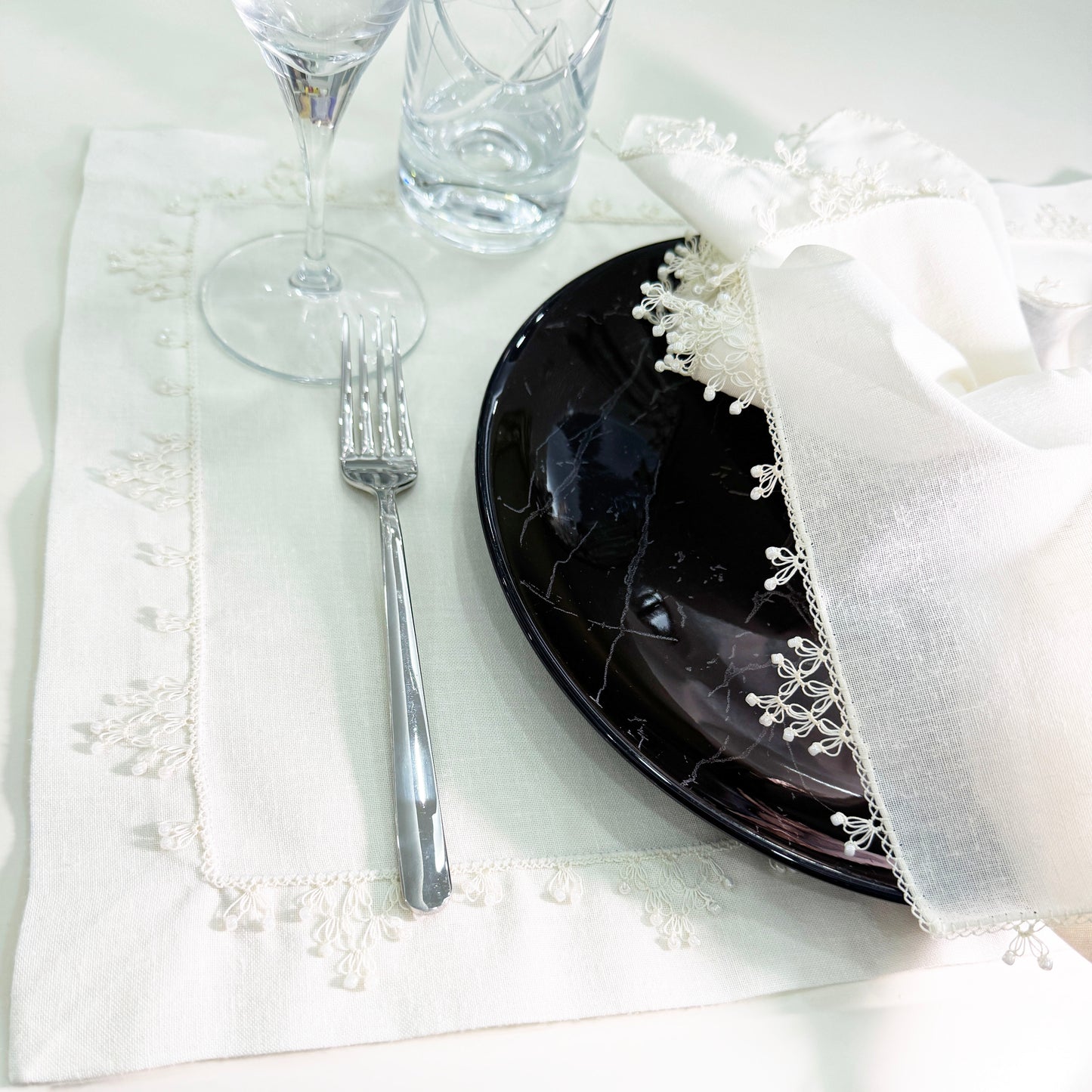 Handcrafted White Linen Placemat – Needle Lace Detail