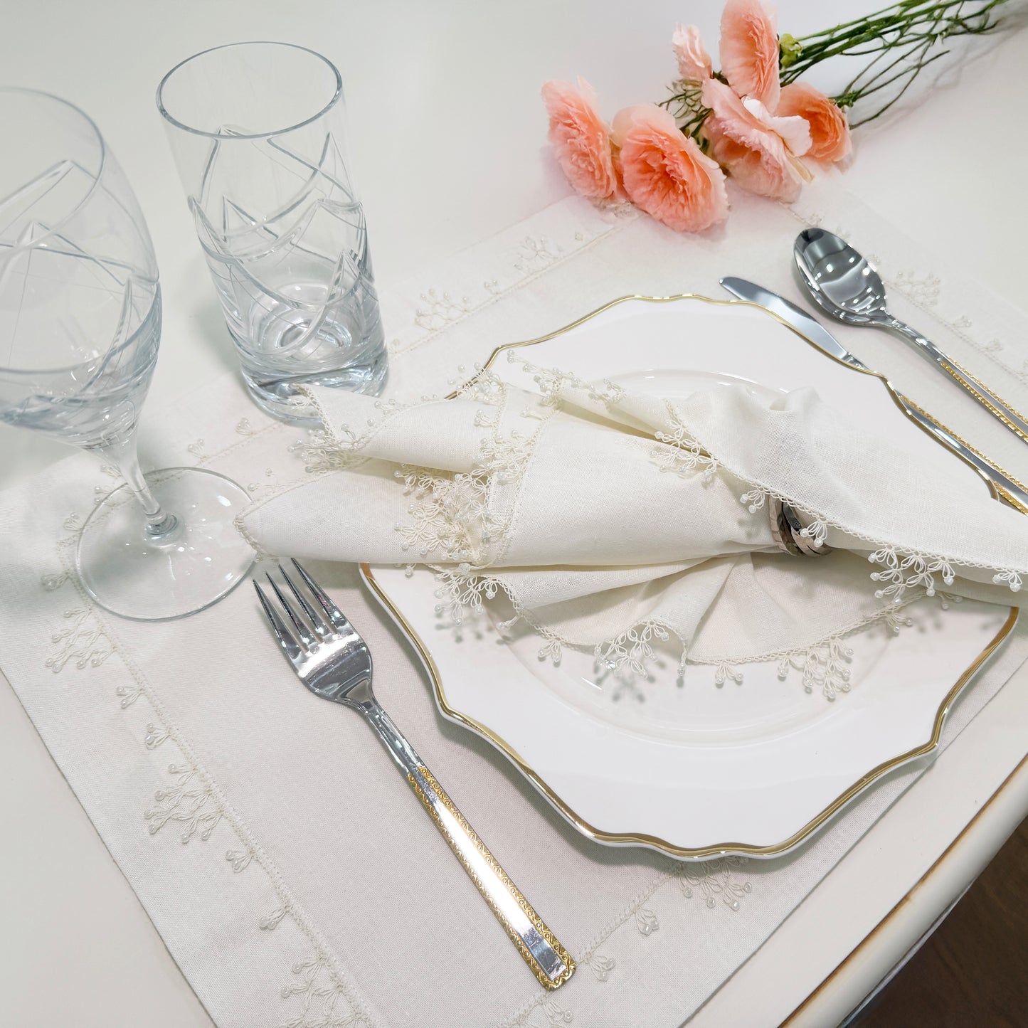 Handcrafted White Linen Placemat – Needle Lace Detail